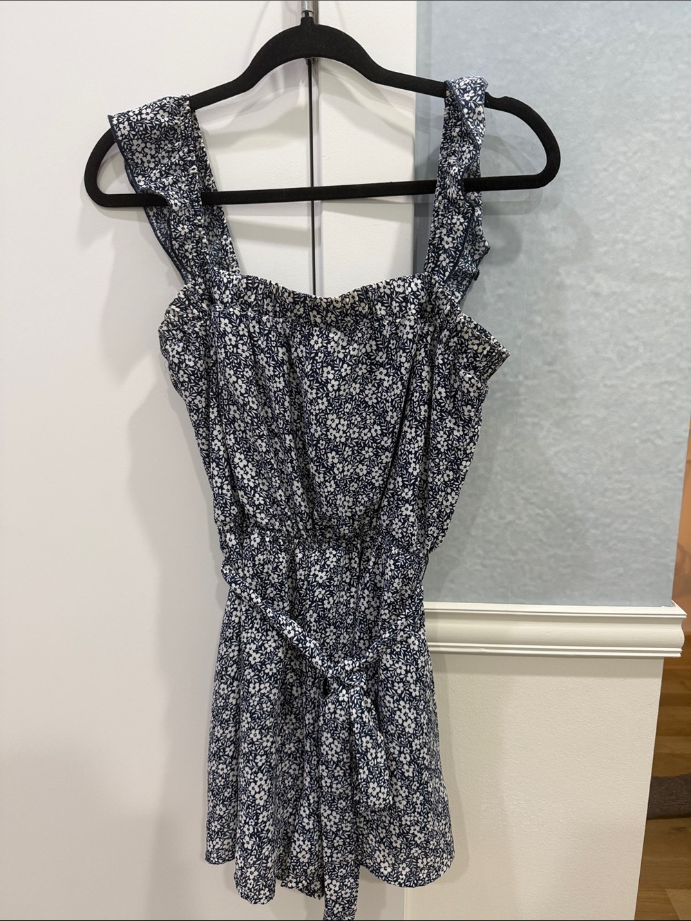 Smocked Navy Blue Floral Mini Dress with Tie Waist